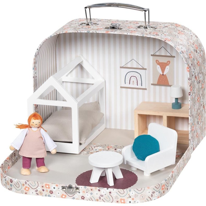 Goki ⎸ Dukkehus i kuffert - inkl. m�bler og dukke