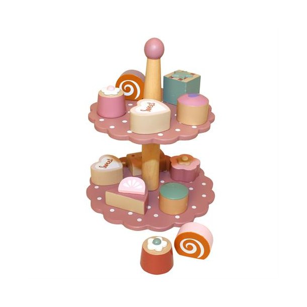 Kagefad i tr� - lyser�d med 12 sm� kager