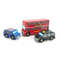 Legetøjsbiler i træ - London biler og bus
